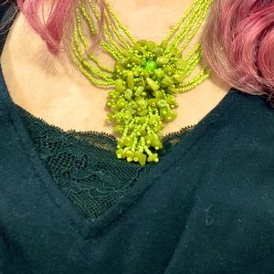 Multi Strand Seed Bead Statement Necklace Green Flower Focal of Matching Beads
